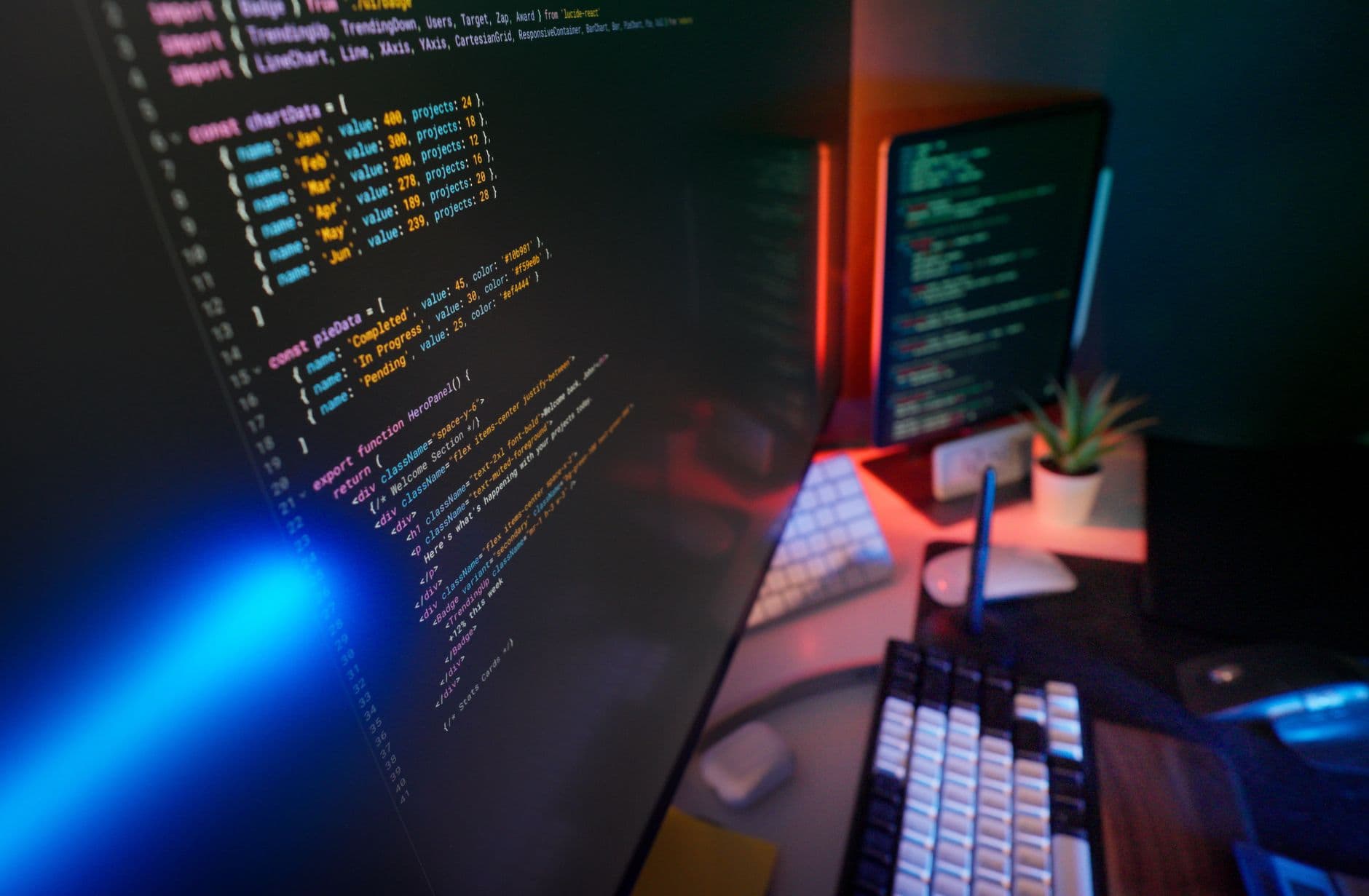 Screens showing code and charts side by side.